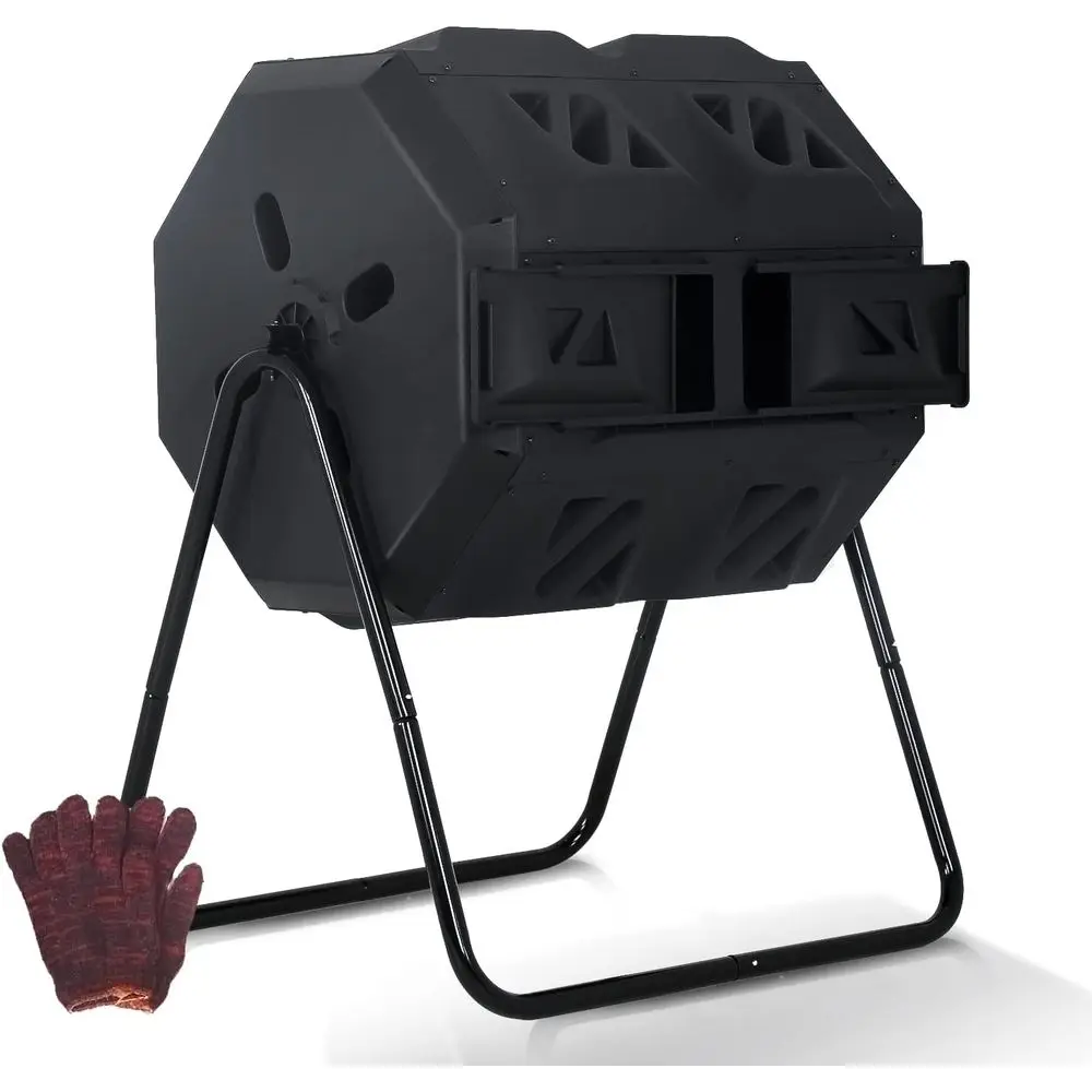 Dual Chamber 43 Gallon Rotating Outdoor Compost Tumbler with Sliding Door for All-Season Garden Waste Recycling
