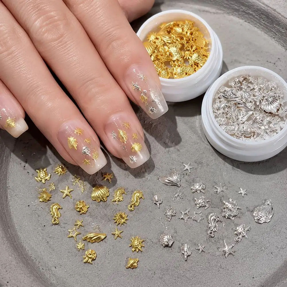 1Jar Marine Life Nail Charms, Gold Silver Sea Shell Starfish Nail Decor, Summer Beach Manicure Nail Supplies For Acrylic Art
