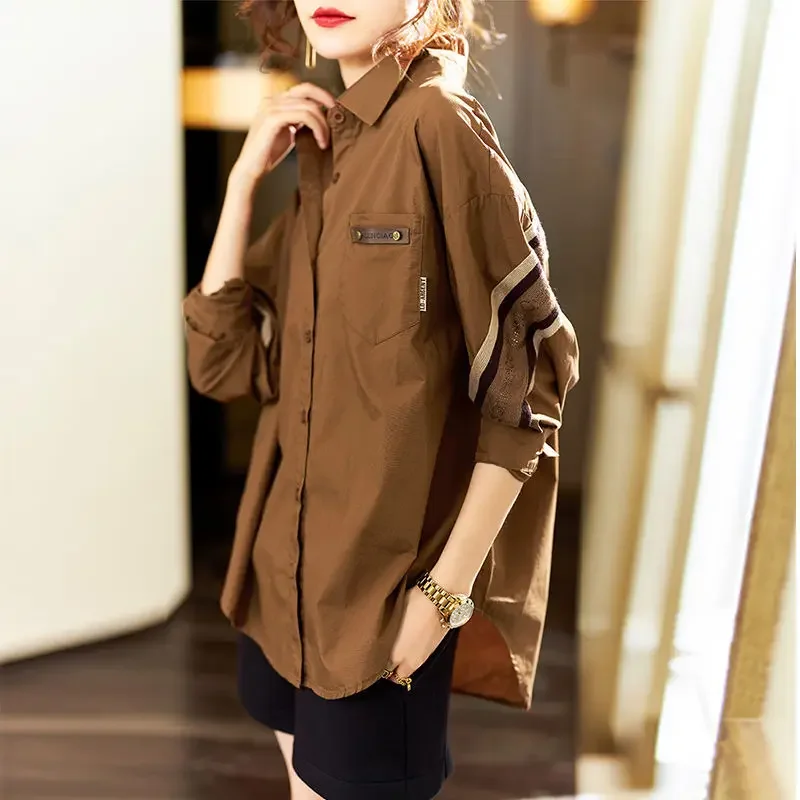 Commute All-match Diamonds Spliced Casual Blouse Female Button Loose Vintage Turn-down Collar Shirt Women's Clothing Spring New