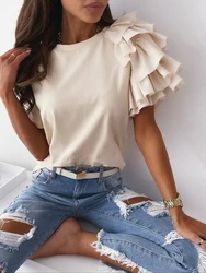 2022 Fashion New Summer Simple Ruffle Short-sleeved Round Neck Ladies T-shirt Women's Casual Office Tops Soild Color