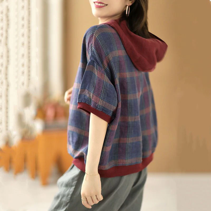 Summer Ethnic Style Vintage Plaid Printing Loose Casual Fashion Hooded T-shirt Women's Short Sleeve Pullover Top Female Clothes