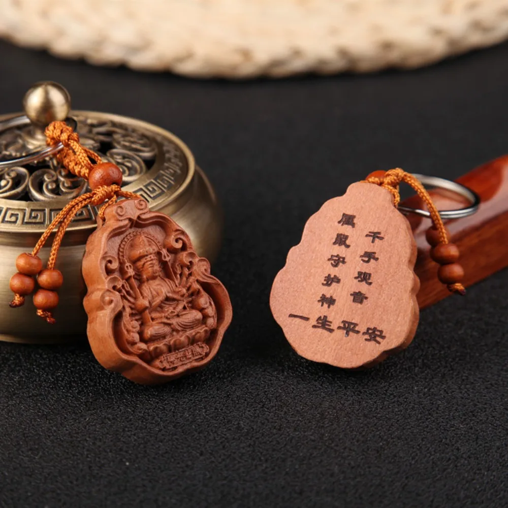 Bodhisattva Peach Wood Keychain Guardian God Religion Avalokitesvara Wood Keyring Creative Carved Wooden Key Chain Women