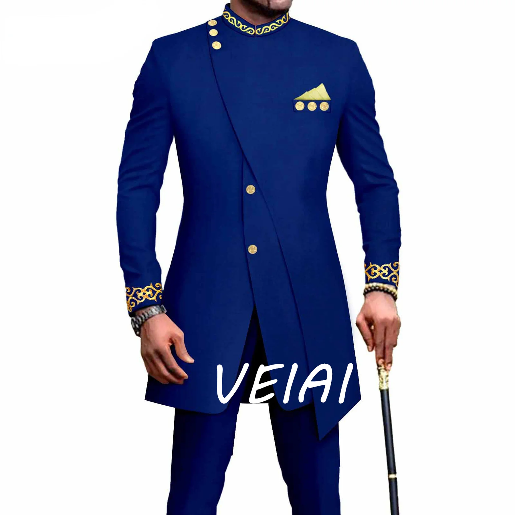 

CustomizedLuxury African Suits for Men Long Coat Classic Tuxedo Solid Color Custom Made Two Piece Jacket Pants Regular Blazer Ho