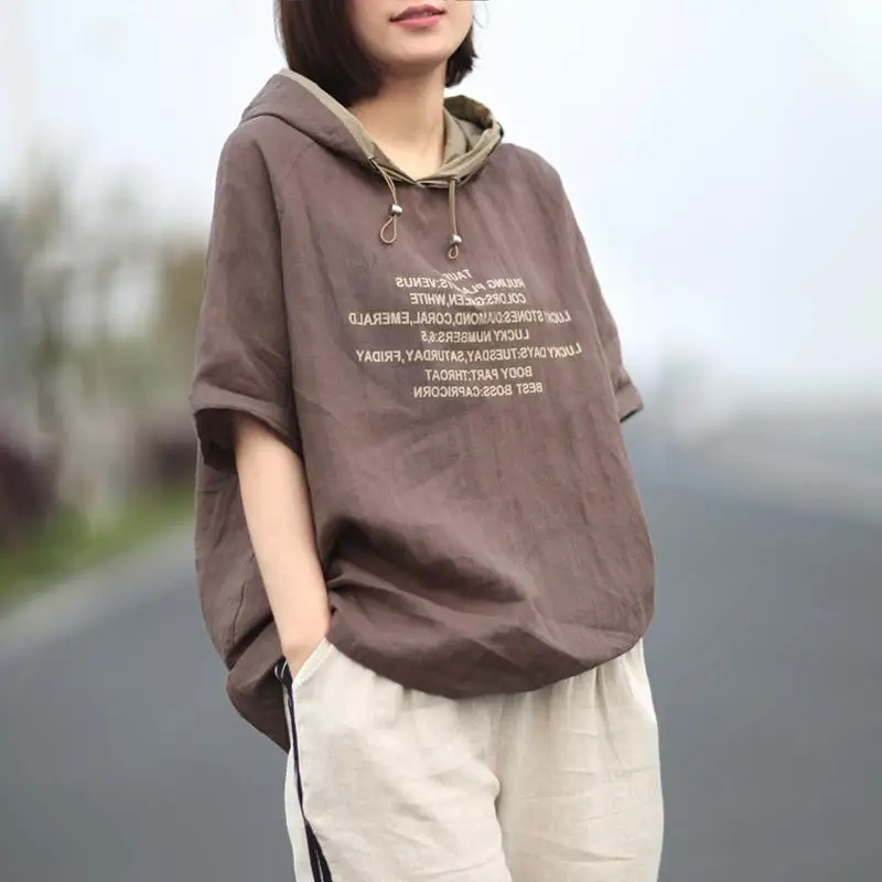 

Letter Printed Short Sleeves Loose Cotton Linen Hooded T-shirt for Women Summer Casual Temperament Top Fashion Women Clothing