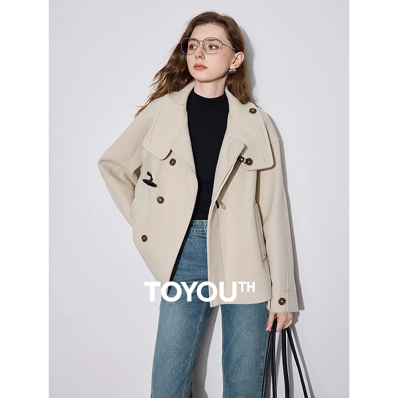 TOYOUTH Women Woolen Coat 2024 Autumn and Winter New Short Style Woven Stand Collar Cow Horn Button Jacket Coat