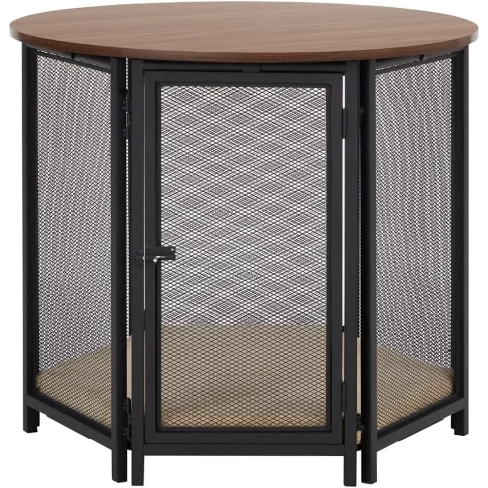 

BeeNbkks Hexagon Dog Crate Furniture For Small Dogs With Removable Cushion, Walnut Finish Pet Furniture, Stylish Functional Dog