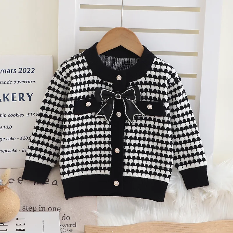 Girl's Autumn Knitwear Cardigan New Korean Style Children's Plaid Knitted Clothes Butterfly-knot Long-Sleeved Top Jacket IY07031
