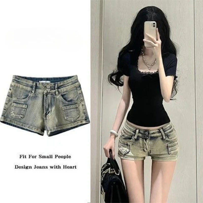 American Retro Bodycon Short Jeans Women Casual Patchwork Button Zipper Streetwear Low Waist Summer Distressed Sexy Vintage