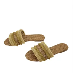 Lady Fring Fur Slides Hemp Massage Front Open Toe Outdoor Casual Shoes Summer Straw Weaving Chaussure 35-43 25cm Slippers Green