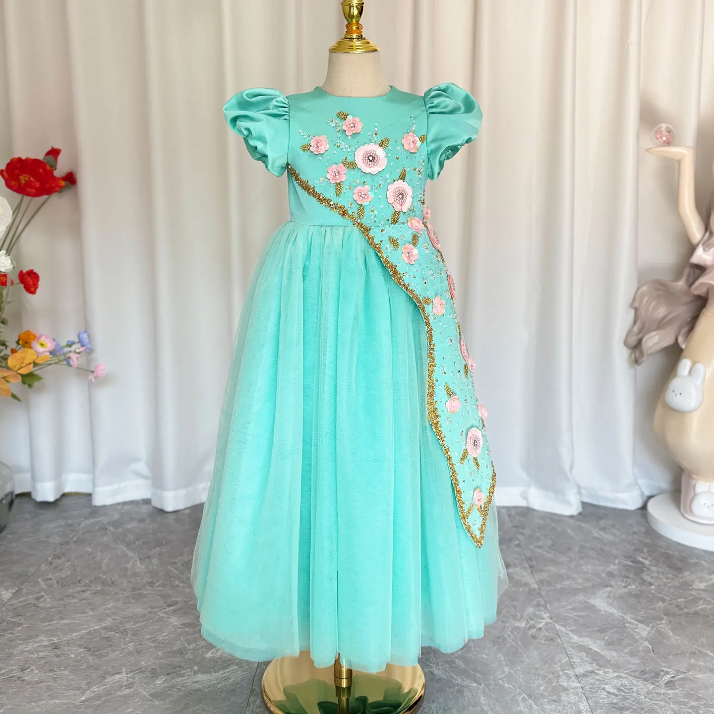 Jill Wish Luxury Turquoise Girl Dress Beadeds Arabic Nika Princess Kids Wedding Birthday Party Pageant Communion Gown 2024  J143