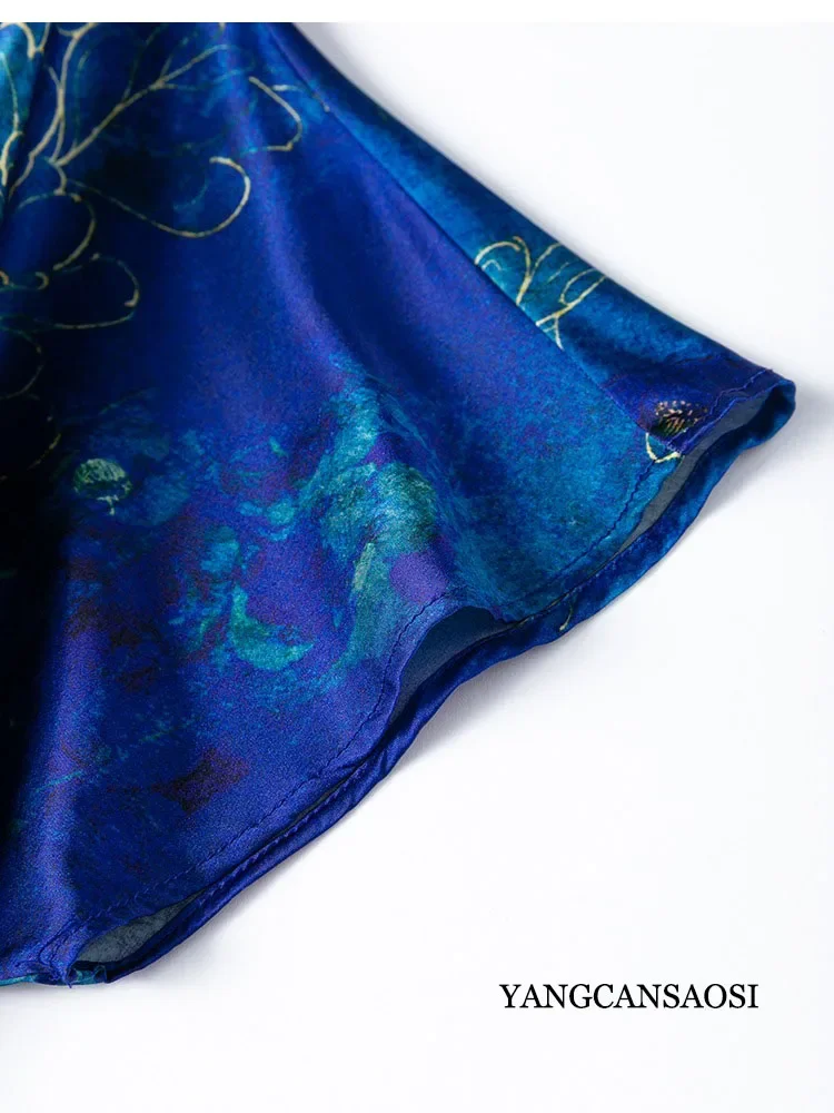 Blaue Pfingstrose, künstlerischer Charme, 93 % natürliche Maulbeerseide, elastischer Satin, V-Ausschnitt, Kordelzug, modisches, tailliertes Kleid für Damen