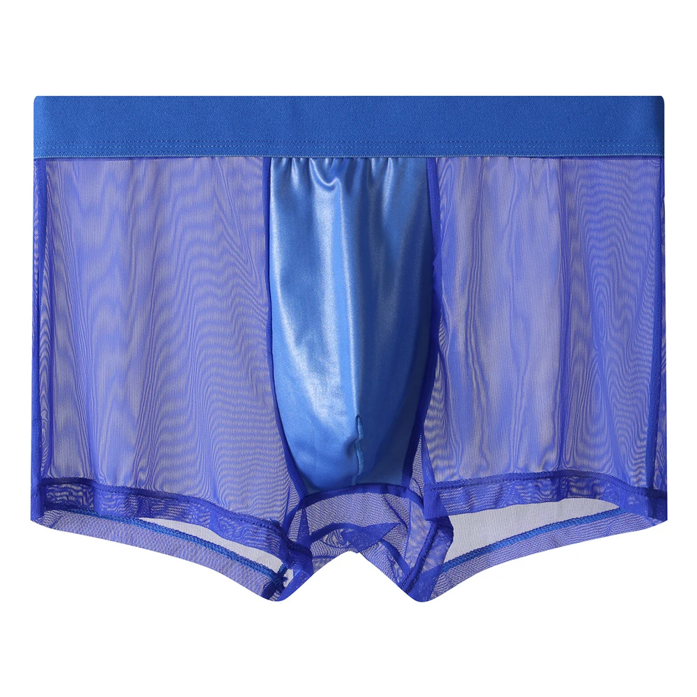 Men Mesh Glossy Leather Underwear Elastic Wide Waistband Boxer Shorts Breathable Transparent Lingerie For Male Adult