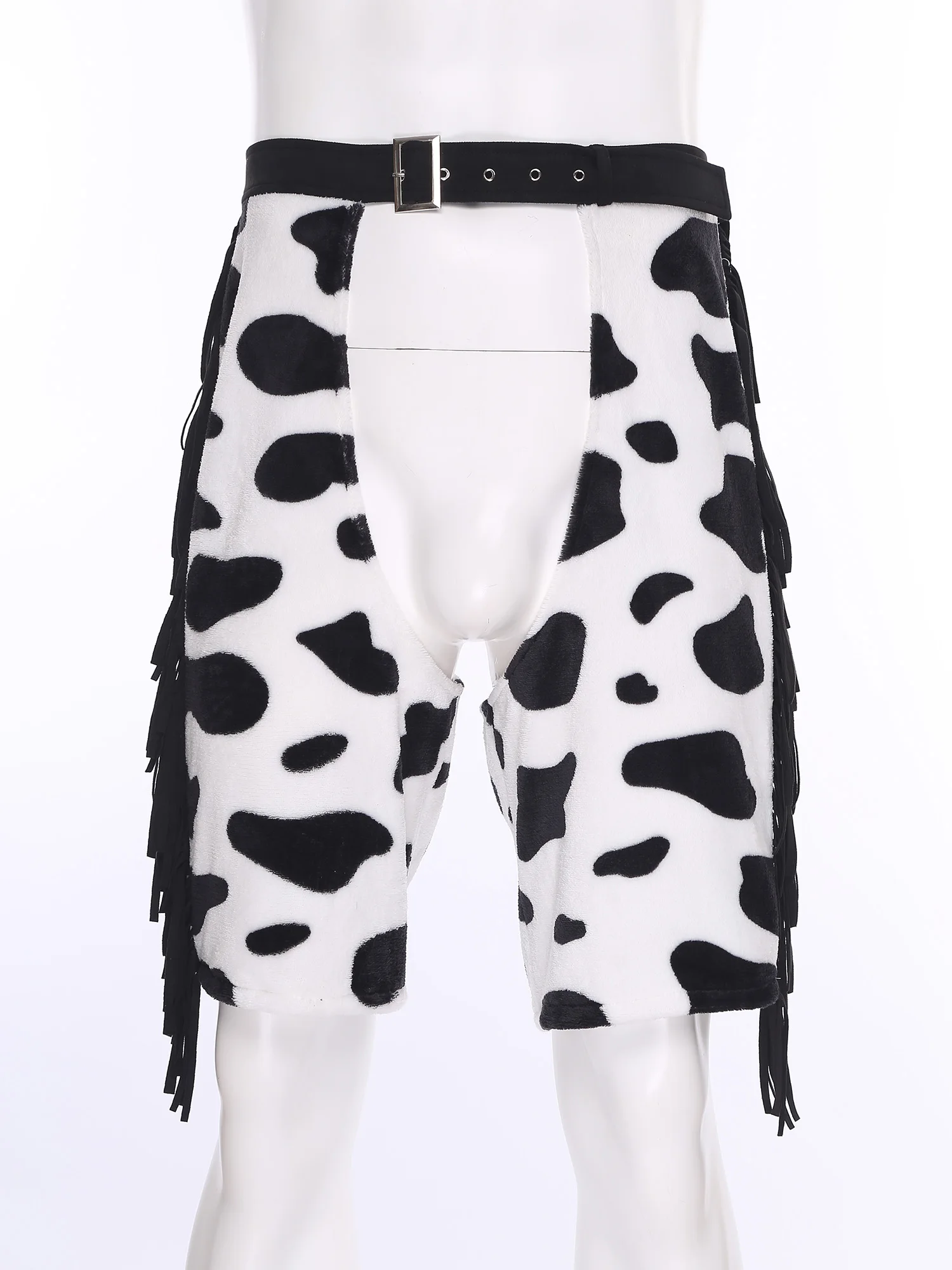 Mens Vintage Cowboy Chaps Cowgirls Cosplay Costume Cow Spot Tassel Fringe Print Flannel Pants Crotchless Shorts for Club Party view 4