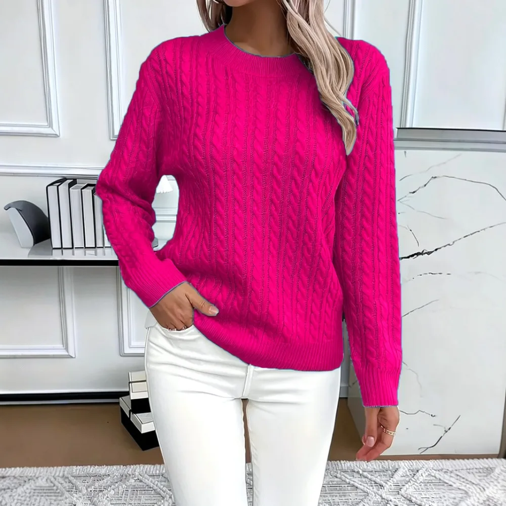 Classic Cable Knit Pullover Sweater Women Crew Neck Long Sleeve Soft Autumn Winter Casual Comfortable Basic Tops