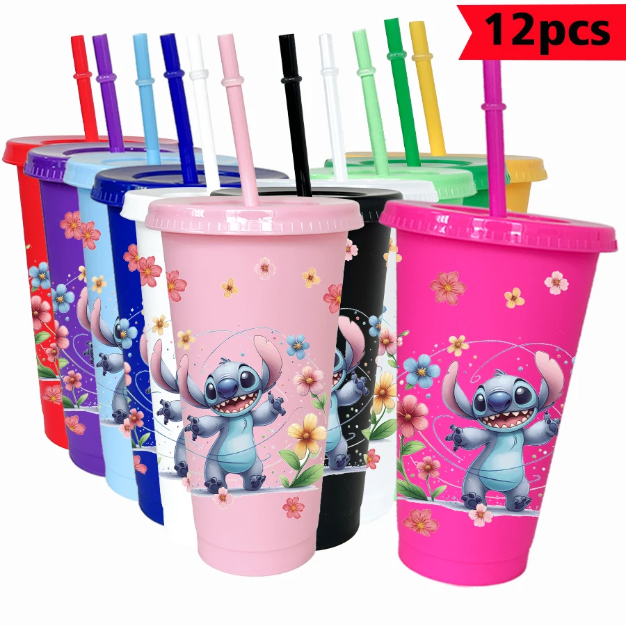 12 unids/pack Disney Stitch flores 26oz vaso de plástico de colores fiesta de cumpleaños utensilios para beber jugo taza de café