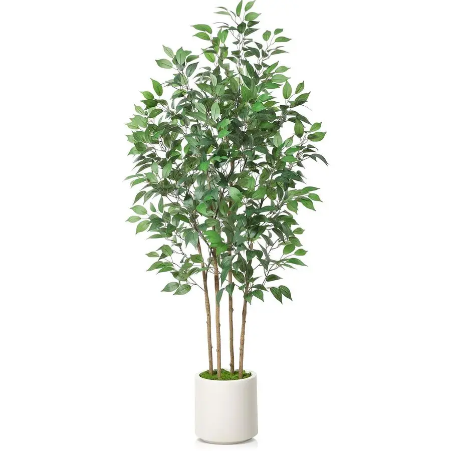 

Ficus Artificial Tree 6ft Fake Silk Plant for Home Decor Indoor, Faux Floor Tree in White Imitation Ceramic Planter with Green