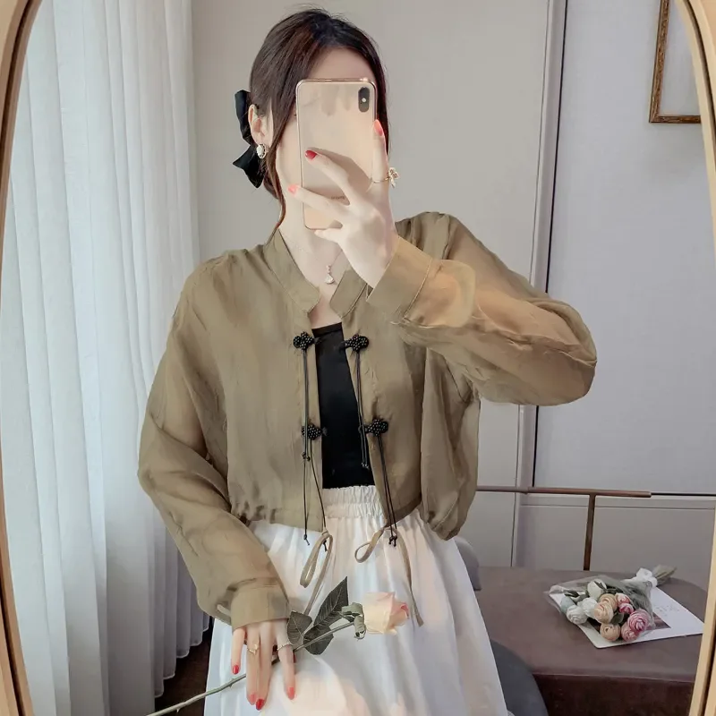 Chinese Style Buckle Sun Protection Shirt For Women's Chiffon Summer Thin Transparent Long Sleeve thin Top