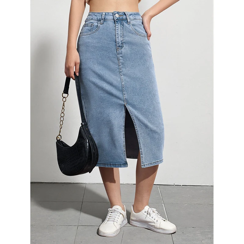 

Summer Female Stretch High Waist Denim Skirt Lady Ins Fashion Designer Slit Jeans Skirts Girls Korean Classic Midi Skirt