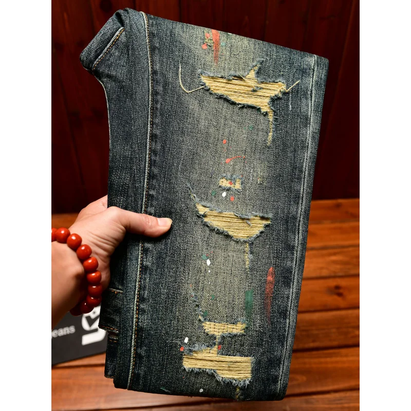 Broken hole patch jeans for men 2025 new men's clothing paint printing trend design retro nostalgic slim fit denim pants