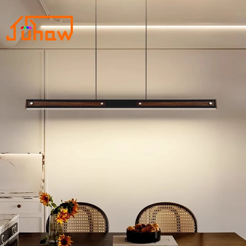 

New Mid-Century LED Chandelier Modern Dual Illumination Walnut Vintage Pendant Lamps for Dining Room Bar Minimalist Lighting