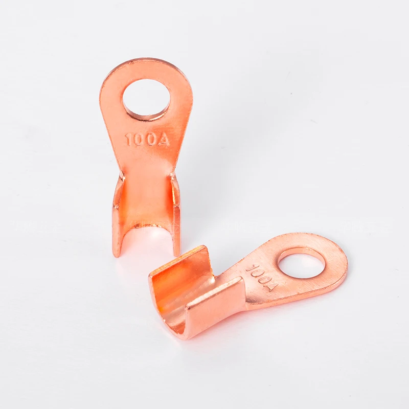 50개입 OT-100A 8.2mm 직경 레드 코퍼 케이블 커넥터 러그 크림프 터미널 8.2mm 직경 레드 브라스 원형 스플라이스 링 고품질 매트