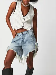 Women Trendy Denim Shorts Fringes Hem Woolen and Ripped Jeans with Pockets Male Fashion Buttons Low Waist Short Pants Streetwear