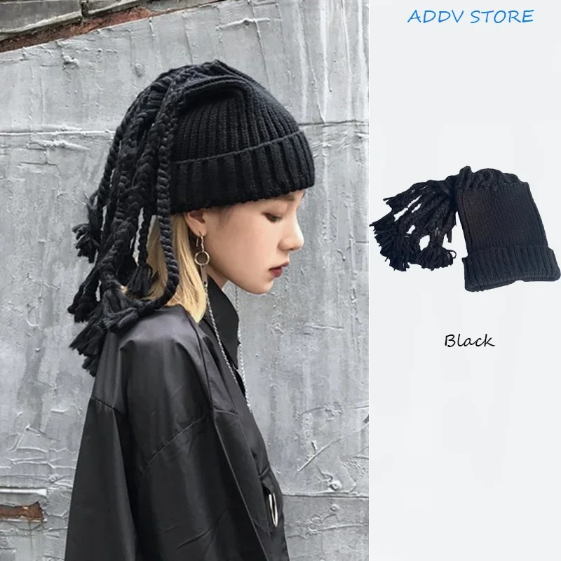 

Cool Knitted Hat with Fringe Tassel Braids, Hip Hop Style Headwear for Men and Women Designer Beanies Bib Hat Dual-use