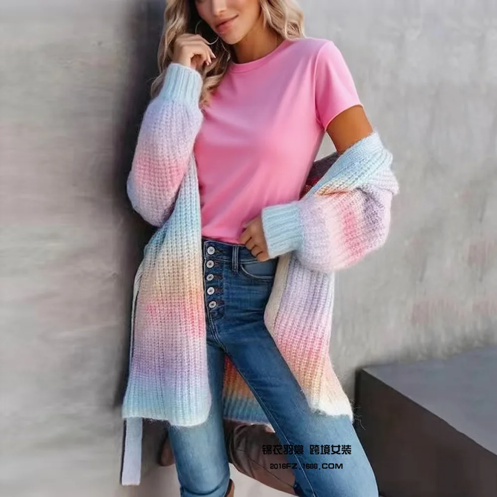 Women Knitted Cardigan Sweaters Gradient RainbowJumpers Lace Up Long Sleeves Loose Fit Open Stitch Elegant Casual 2025 Autumn