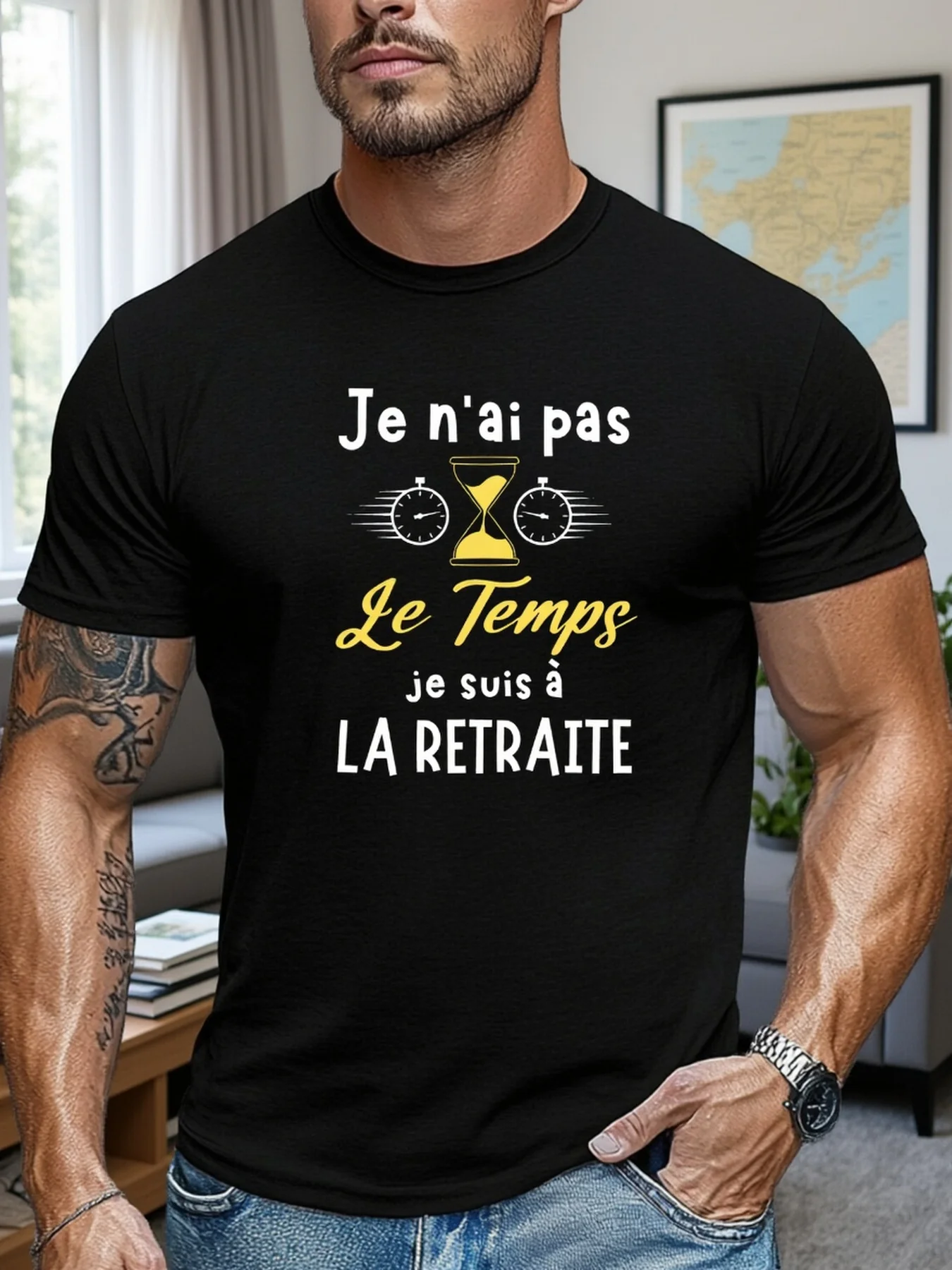 Men's Fun Retirement-Themed T-Shirt—“I Have No Time, I'M Retired” Mustard Yellow Slogan, Lightweight and Breathable, Suitable for Everyday Casual Wear for Retirees; Regular Fit Round Neck Design, Humorous and Amusing Men's Gift