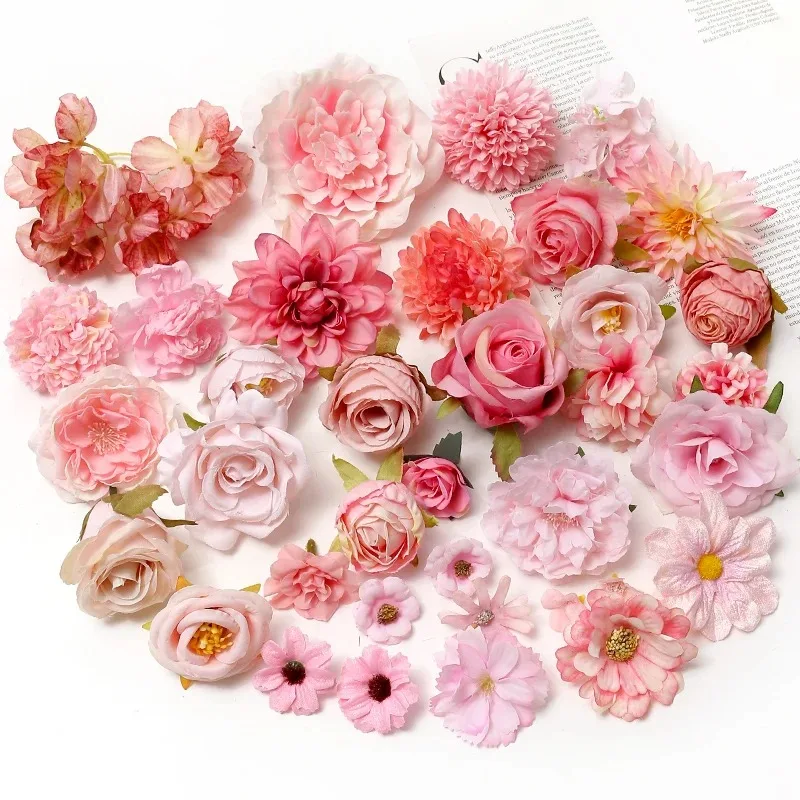 Pink Artificial Flowers Head For Wedding Home Room Decor DIY Fake Flowers For Decoration Birthday Party Craft Wreath Decoration