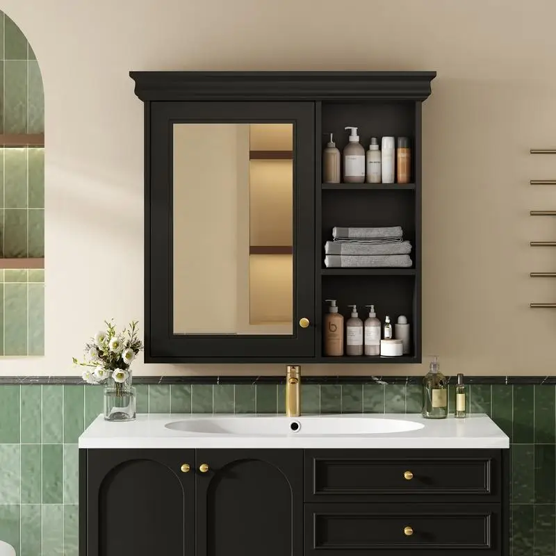 

30" x 28" Bathroom Mirror Cabinet, Wall-Mounted Storage Organizer, Over-the-Toilet Black Storage Solution for Bathroom