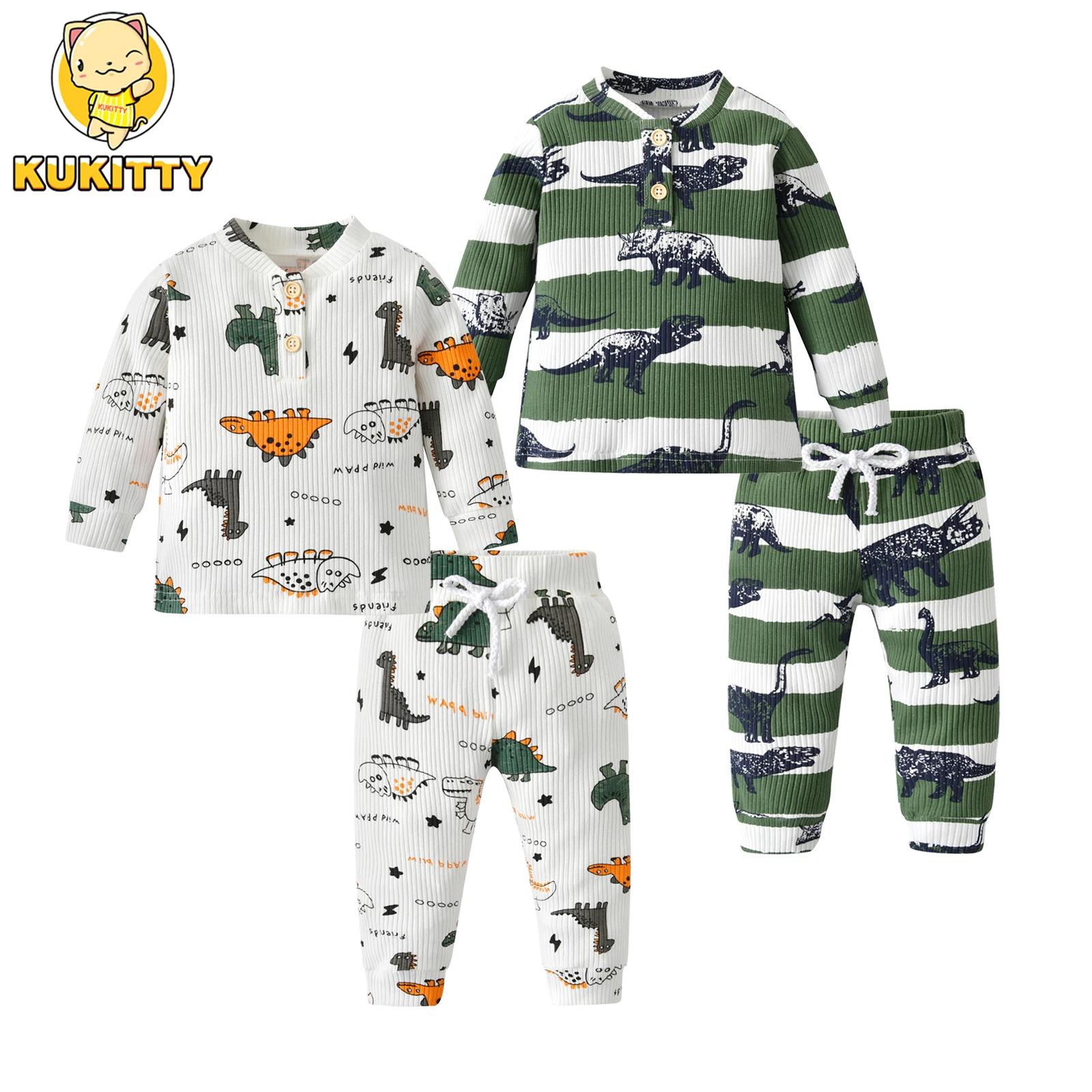 New Toddler Baby Boy Knitted Clothes Set Dinosaur Pattern Long Sleeve V-Neck Tops + Pants 2Pcs Casual Outfit for 0-24Months