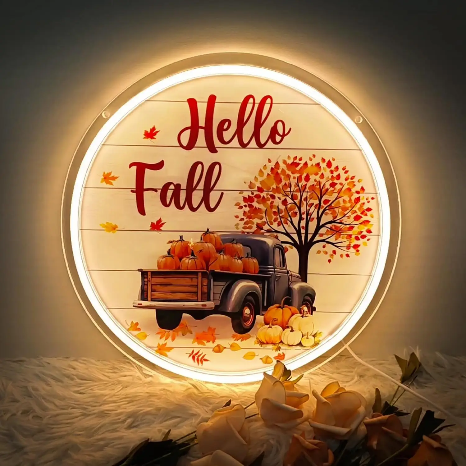 Hello Fall Neon Sign Round USB Powered LED Neon Light for Bedroom Farmhouse Christmas Home Holiday Party Wall Decor Gift