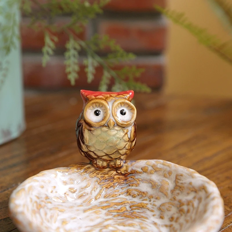 Round Bird's Nest With Owl Ceramic Tray Vintage Red For Home Tabletop Decoration Jewelry Keys Storage Plate Holder Soap Dish view 3