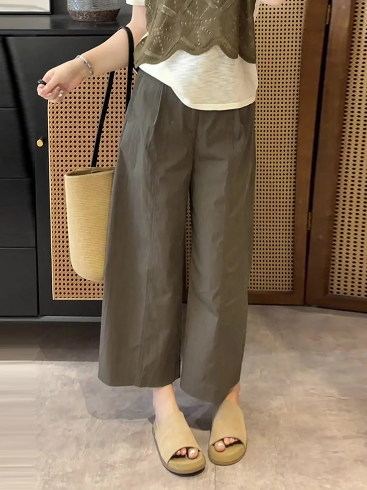 Military Green Wide Leg Pants Women's Loose Casual Thin Summer Trousers High Waist Flattering plus Size Comfortable Loose Fit