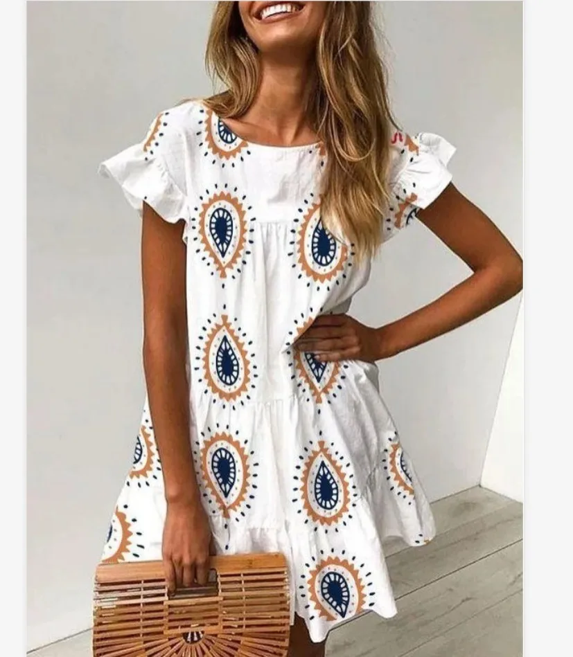 Vacation Vintage Printed Dress Summer 2024 New Elegant Short Women Dresses Ruffle Sleeves Casual Round Neck A-ine Dresses Female