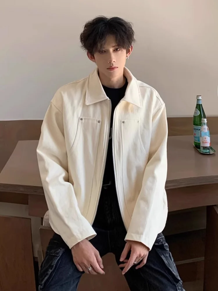 Short Double Zipper Men's Jacket in Beige with Rivet Design Turn-down Collar Workwear Style Commute Fashion High-end Feeling