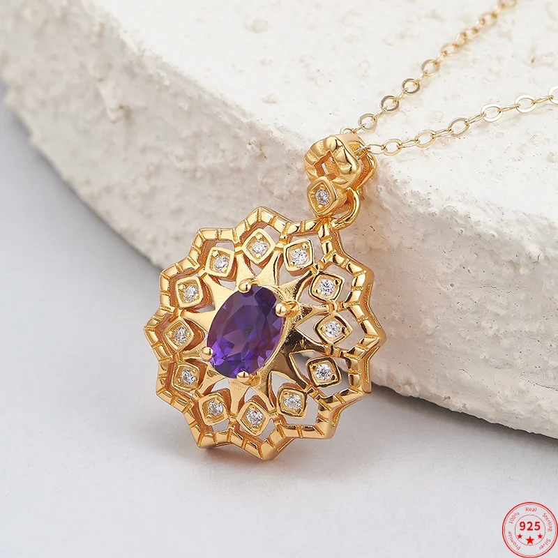 

Подвеска из стерлингового серебра 925 пробы для женщин и мужчин, позолоченный полый узор, фантастический аметист, циркон, очаровательные модные ювелирные изделия, оптовая продажа