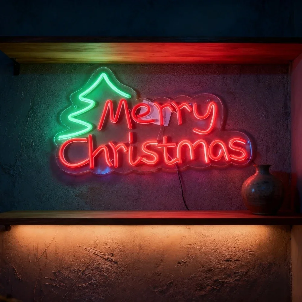 Merry Christmas Neon Sign Red Cursive Green Tree LED Wall Art USB Dimmable Hanging Light for Xmas Holiday Bar Party Decor