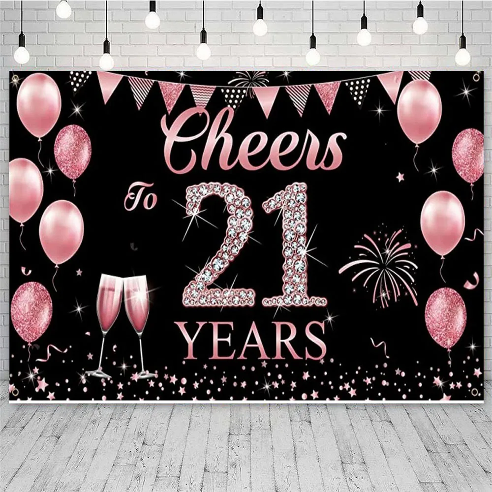 Happy 21st Birthday Backdrop Cheers to 21 Years Old Banner Rose Gold High Heels Champagne Photo Background Party Decorations