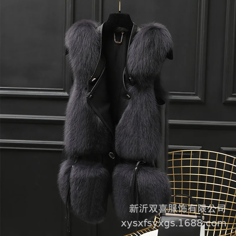 Feminino falso pele de raposa colete casacos sólidos jaquetas emendadas decote em v sem mangas único breasted grosso pele quente casual 2025 outono inverno