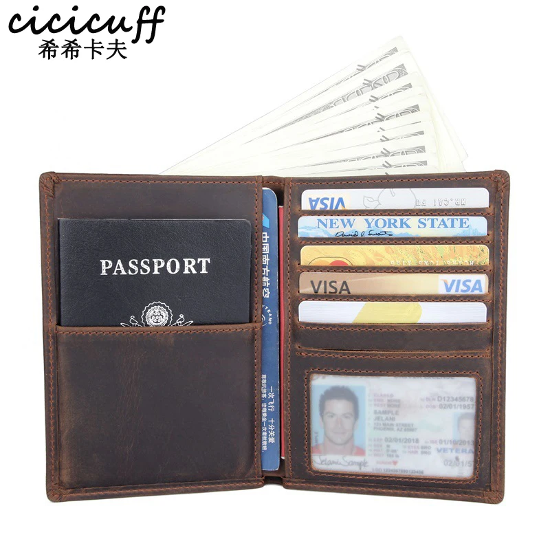 Passport Cover Genuine Leather Multi-function Credentials Bag Travel Wallet Unisex Cards Purse Ticket Holder Crazy Horse Leather