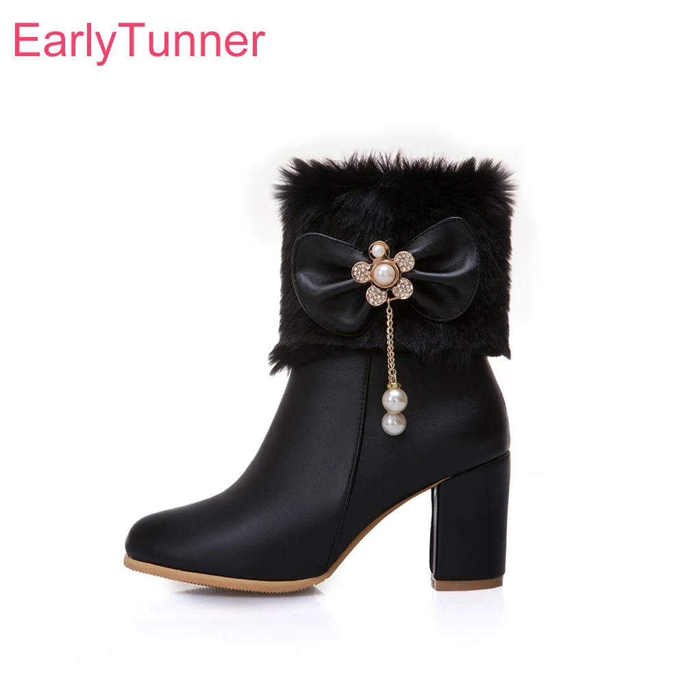 

New Winter Elegant White Black Women Snow Boots Round Toe Fur High Heels Lady Party Shoes Plus Small Big Size 14 33 45 49 52