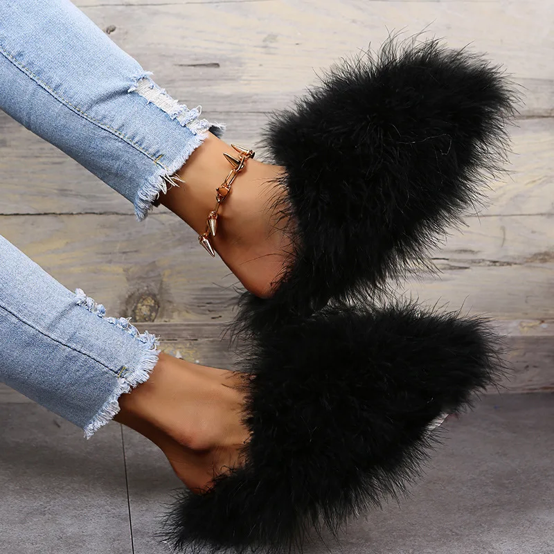 Fluffy Ostrich Feather Slippers for Women, Outdoor Casual Slider, Real Feathers, Luxury, Autumn, Winter, S3228