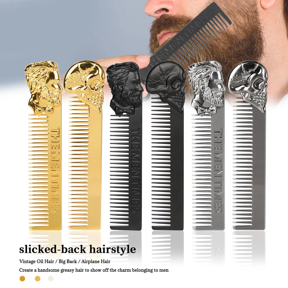 Vintage-Metallkamm für Herren, Griff mit Totenkopf- und Bartdesign, Taschenkamm für glattes Haar und Bartpflege, Gold/Schwarz/Silber