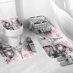 Paris Eiffel Tower Pink Bathroom Rugs And Mat Set With Non-Slip Rugs Bath U-Shaped Mat Toilet Lid Cover Valentine Bathtub Decor