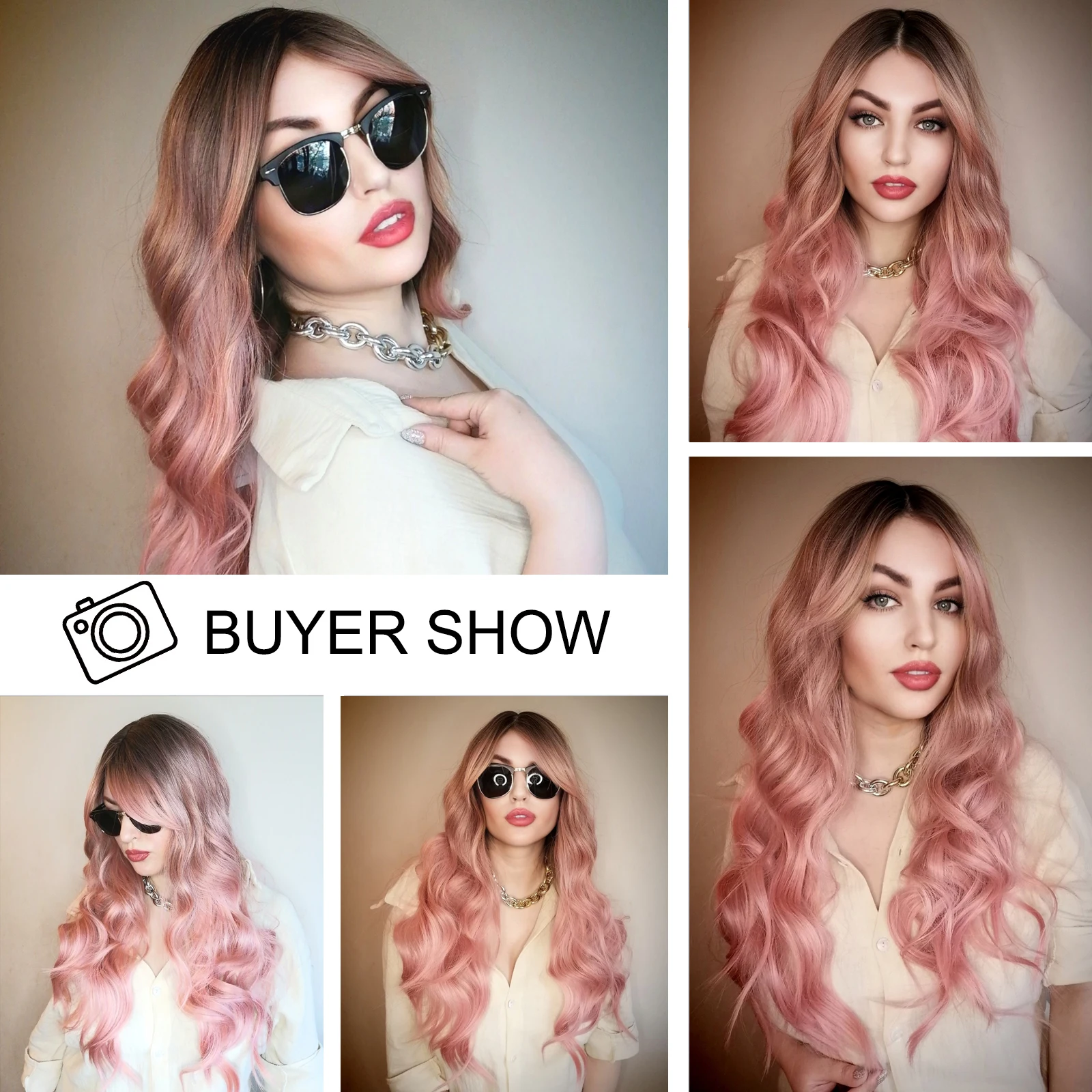 Synthetic Long Pink Wavy Wig with Bangs Curly Wave Natural Hair Dark Roots Wigs for Women Cosplay Party Lolita Heat Resistant