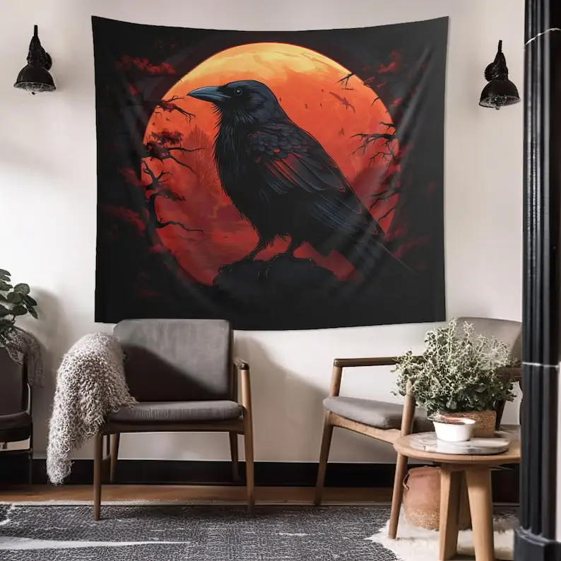 Blood Moon and Crow Polyester Indoor Wall Tapestry Dark Gothic Design, Occult Aesthetic Decor, Bedroom, Living Room & Dorm Room
