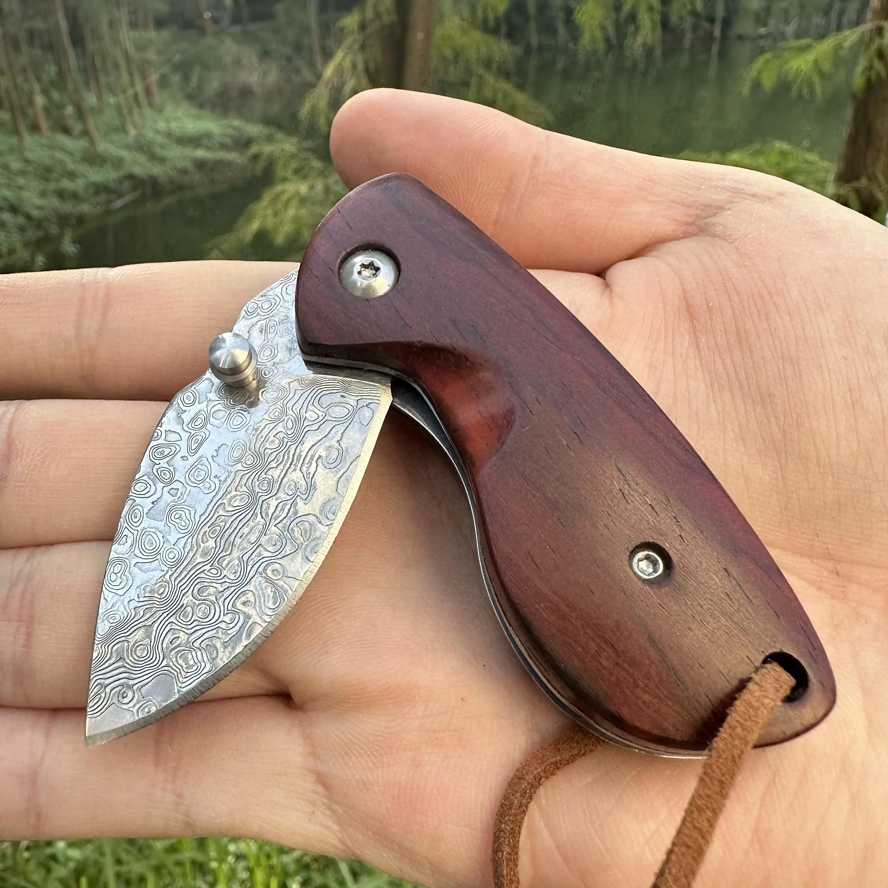 

Topwell Handmade Mini Damascus Steel Portable Key Knife Rosewood Handle Sharp Comfortable Grip EDC Outdoor Camping Unpacking