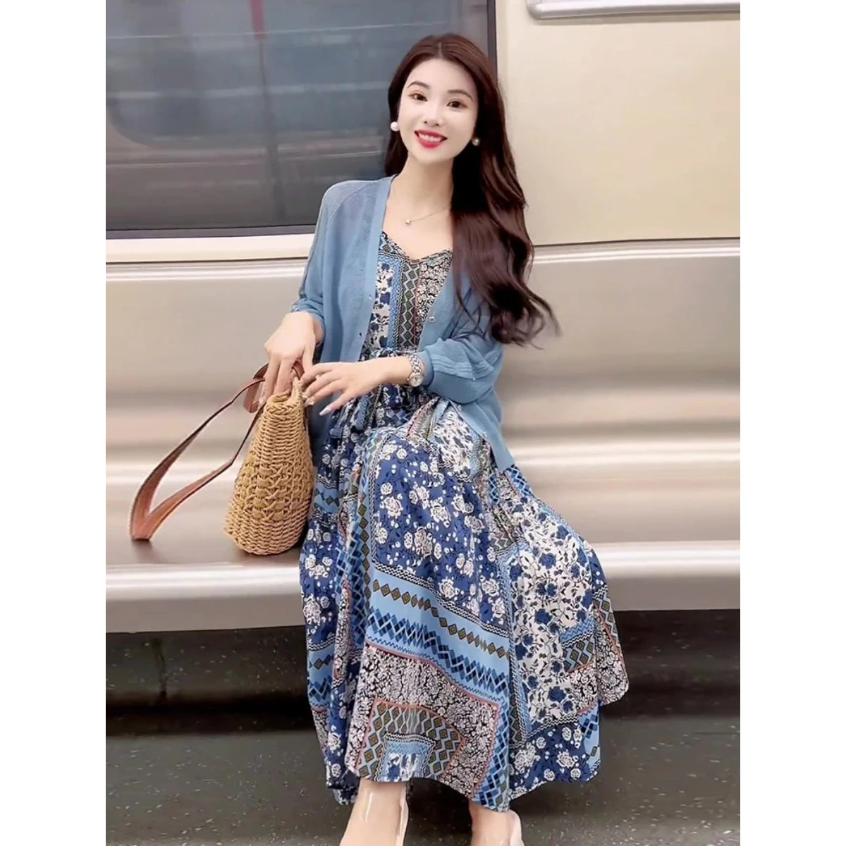 Fashion Bohemian Floral Printed Long Dress For Women High-end Blue Knit Cardigan Sweater Sling Dress 2 Pieces Sets French Dress